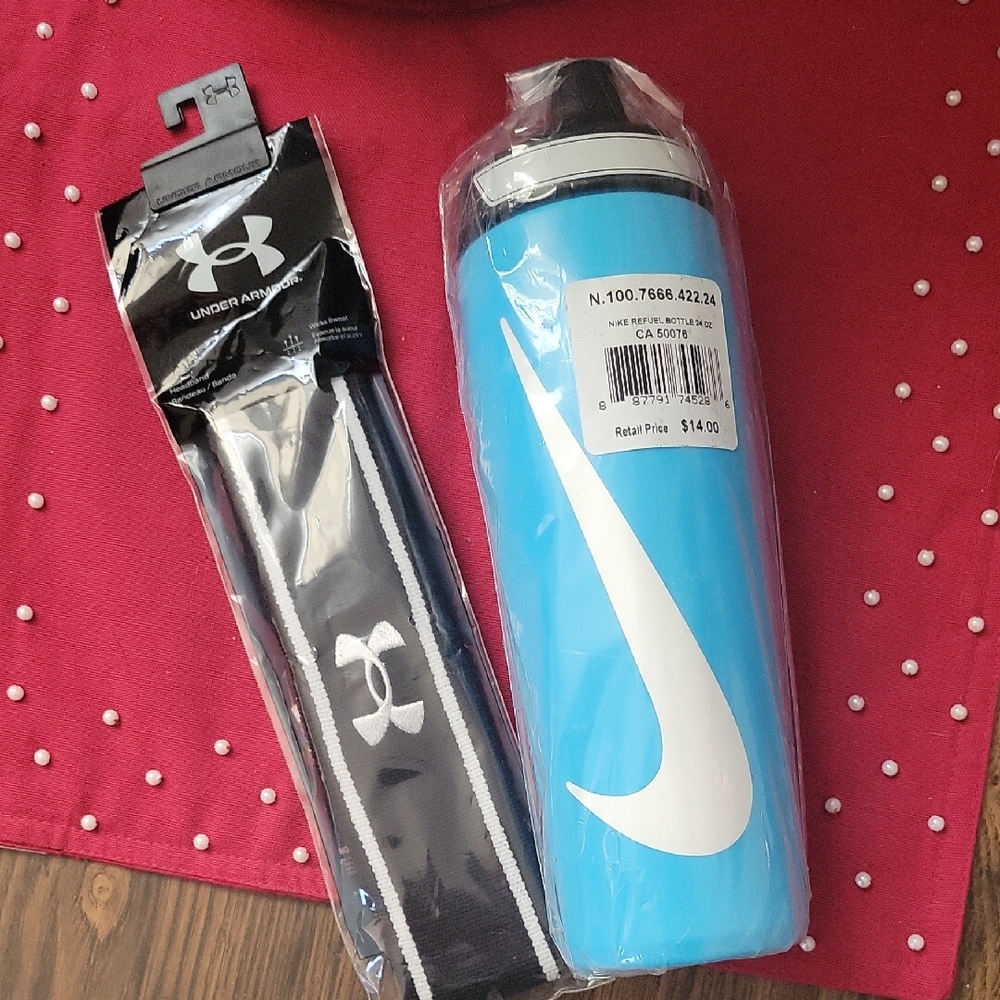 Nike Aqua Blue Water Bottle White Swoosh And Black Under Armour Unisex Headband